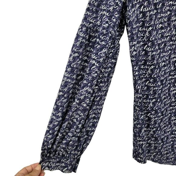 Cabi Long Sleeve Blouse M Blue Te Amo Spell Out Puff Statement Sleeve Pull Over - Picture 9 of 14